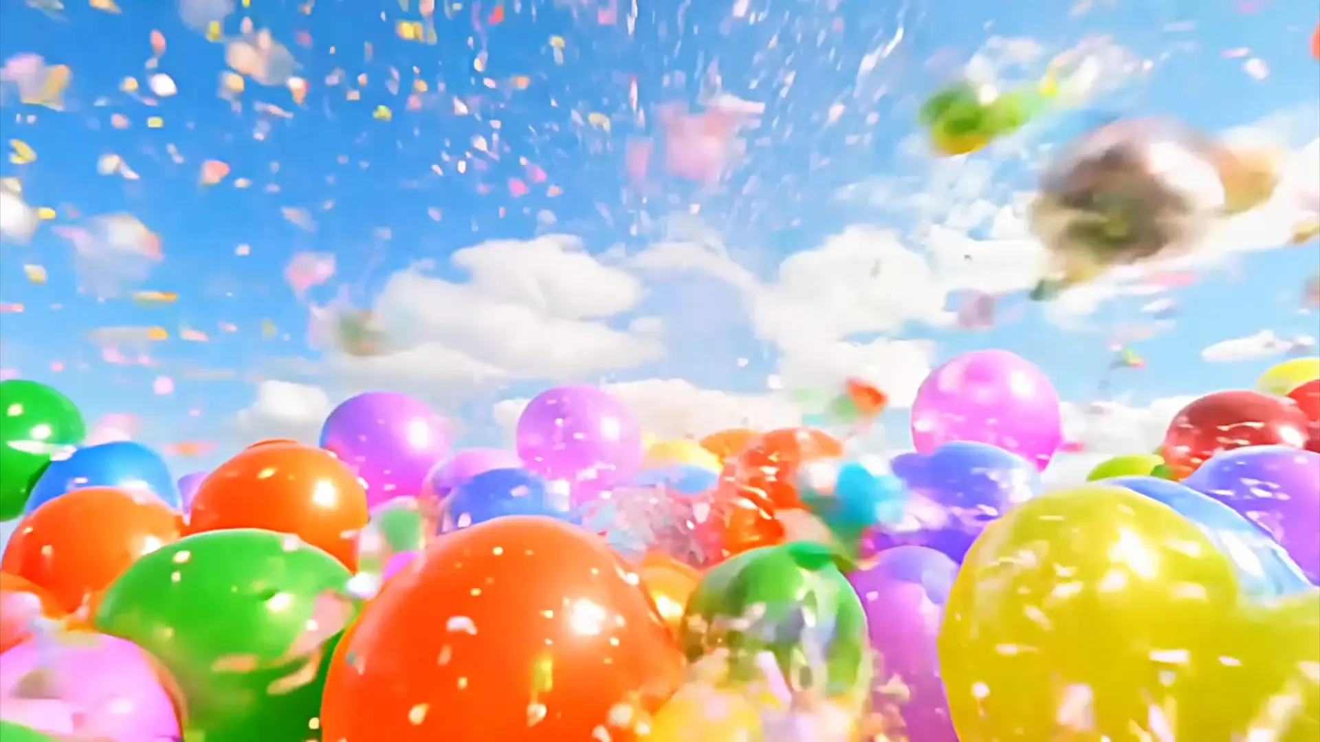 Vibrant Balloon Burst Background with Blue Sky for Celebration Promos